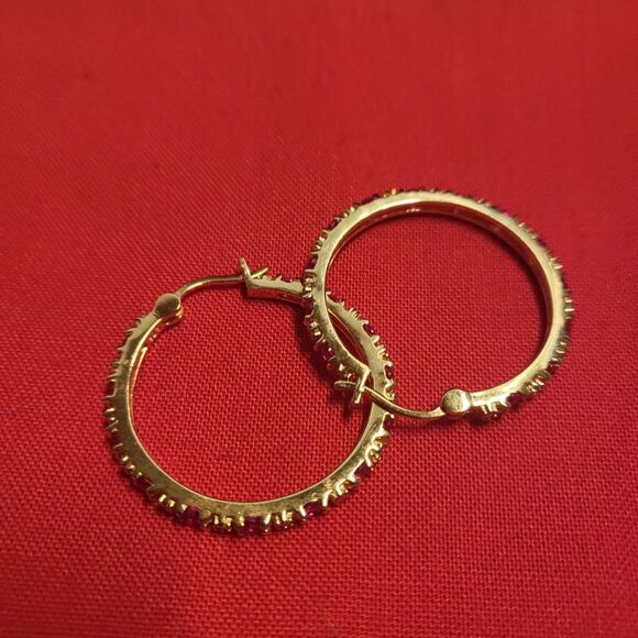 Rhodolite Garnet and Diamond Accent Vermeil YG Over Sterling Silver Hoops 1" - Picture 4 of 5